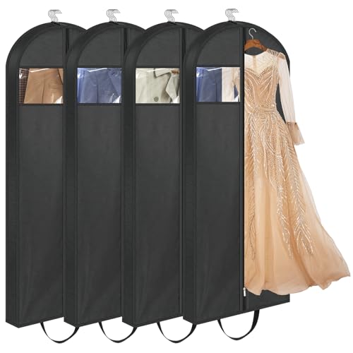 LANDNEOO 65 Long Garment Bags for Travel Dress Bags for Hanging Clothes Wedding Dress Cover for Women Closet Storage for Gowns Coats Black 4 Pack