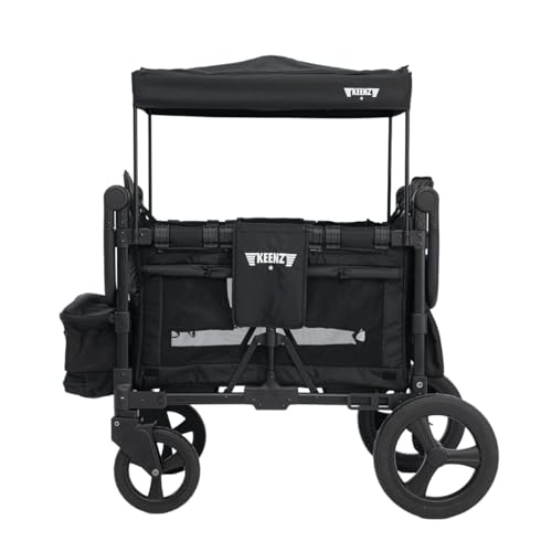 Image of Keenz MOOV 4-Passenger All-Terrain Stroller Wagon with Reclining Seats, Built-in Cooler, Push/Pull Handle, Rubber Wheels, and Activity Tray – Foldable Wagon for Four Kids, Black
