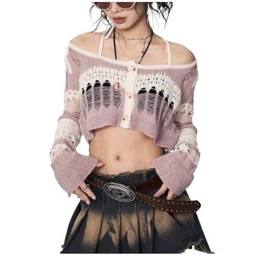 Y2k Spicy Girl Hollow Striped Knitted Sweater with Niche Design Short Loose one Shoulder top