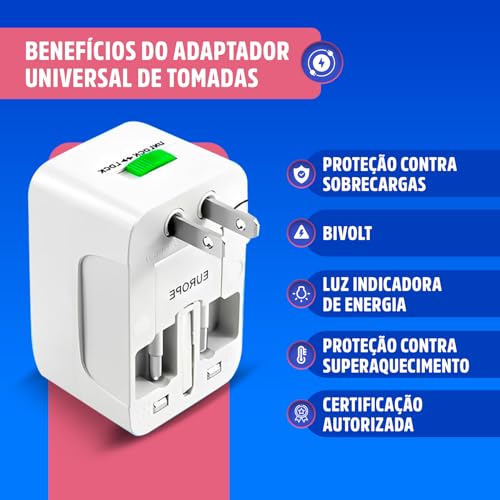 Kit 2 Adaptador Tomada Universal EUA Acessórios para Viagem Europa Americana para Brasileira Viagem