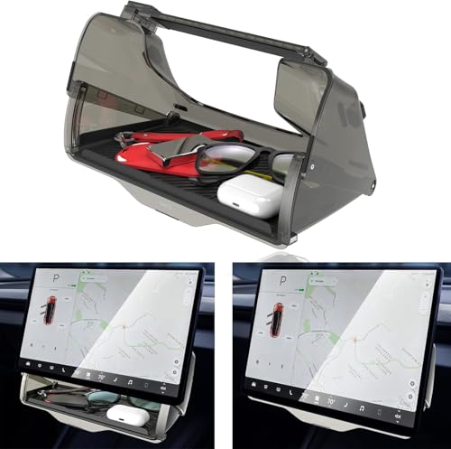 Under Screen Storage for Tesla Model Y Model 3 2016-2024 Hideable Center Console Organizer Tray with Anti-Slip Silicone Pad - Open and Close Function - for Tesla Model Y & 3 Interior Accessories
