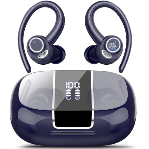 Image of Wireless Earbuds Bluetooth 5.3 Headphones Sports, 48H Over Ear Bud with ENC Mic, Stereo Deep Bass Bluetooth Earbud with Secure Earhooks, LED Display, IPX7 Waterproof Earphone for Running /Gym Deep Blue