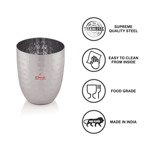 Image of Ebun Stainless Steel Hand Hammered Design Heavy Gauge Drinking Glass | Tumbler with Hammered Beaded Design, for Drinking Serving Water Set 6 Pieces 300 Ml