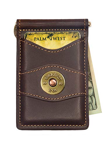 Palm West Leather Minimalist Leather Money Clip Wallet with RFID with Medallion (Dark Brown Leather, 12 Gauge Medallion)