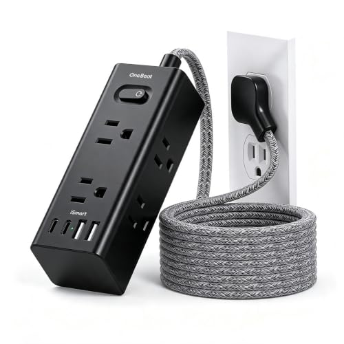 Image of One Beat 5 Ft Surge Protector Power Strip, Flat Plug Extension Cord, Black | 6 Outlets 4 USB Ports (2 USB C), Wall Mount Small Power Strip for Travel Home Office College Dorm Essentials Charging Station
