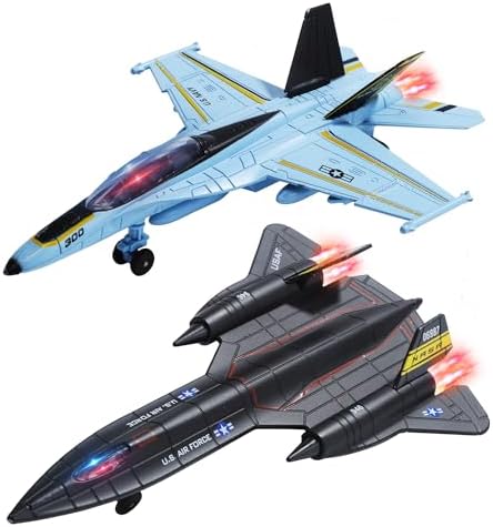 Double Fighter Jet Toy, F18 & SR71 Diecast Planes with Lights & Sounds, Pull Back Military Airplane Toy, Great Gift for Toddler,Kids, Boys