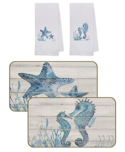 Uinhmop 17''X30'' Marine Life Ocean Animal Pair Of Starfish Seahorse Decorative Doormat And 16''X24'' Kitchen Towels Dishcloths Hand Towels(2 Doormats + 2 Towels),Sea Lovers Gifts #TOP4