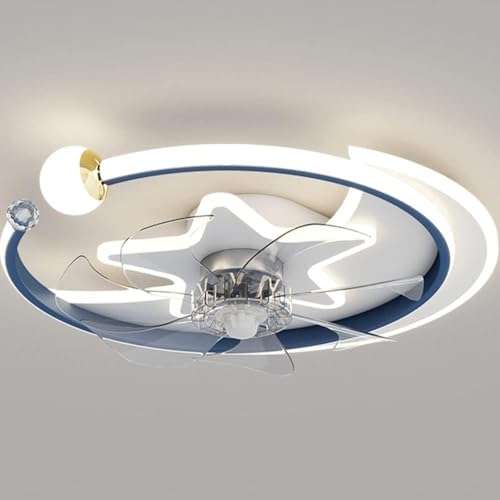 Ventilador de techo moderno con diseño de estrella y luna, redondo, con control remoto, atenuación de tres colores, lámpara de techo nórdica azul, silenciosa e invisible, para dormitorio infantil.