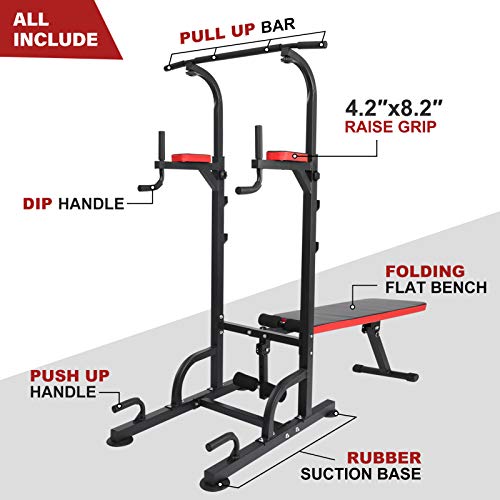 KAC Power Tower with Weight Bench, Adjustable Dip Station, Pull Up Bar for Home Gym Strength Training Workout Equipment