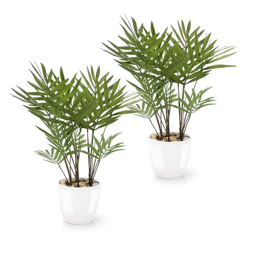 PASCH® Set med 2 konstgjorda palmer Areca (25 cm) i vita keramiska krukor: Konstväxter som riktiga | konstgjorda växter i kruka | konstgjord palm | konstgjorda blommor i kruka | konstgjord palm