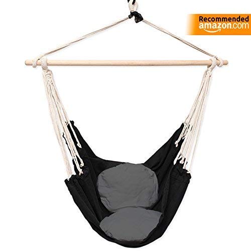 Celler Premium HANGING ROPE HAMMOCK CHAIR SWING SEAT suitable both indoor outdoor use, Black two round comfortable cushions in white gray color (SAFETY HITCH INCLUDED) (Gray)