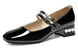 GotSoft Women's Mary Jane Low Pearl Heels Closed Square Toe Pumps Ballet Dressy Double Strap Comfortable Slip on Shoes, Pearl Black, Size 8
