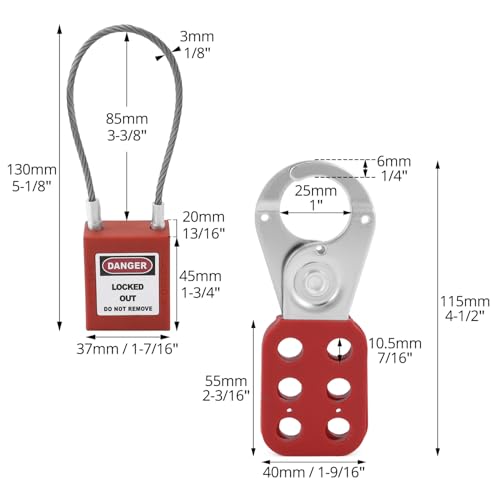 Image of QWORK Lock Out Tag Out Hasp and Lockout Tagout Steel Cable Locks with Keys, 4 Sets