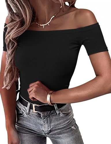 OwnTime Sexy Off the Shoulder Tops for Women Summer Short Sleeve Shirts Ribbed Slim Fitted Trendy Going Out Tops Blouses3