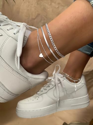 Image of FindChic Black /Silver /Gold Plated Anklets Set of 2PCS /3PCS Herringbone Chain Cuban Link Heart Charm Sparkling Tennis Ankle Bracelets, Waterproof Summer Foot Jewelry for Beach