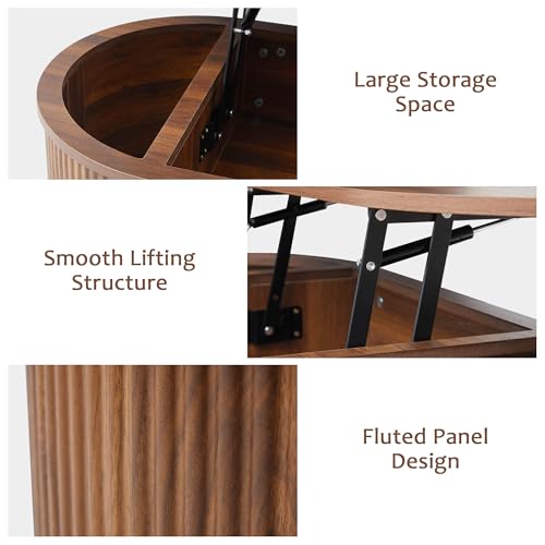 Image of QHITTY Fluted Coffee Table with Lifting Top, Oval Wood Lift Top Coffee Table with Hidden Compartment, Mid Century Pull up Center Tables for Living Room, Office - Walnut