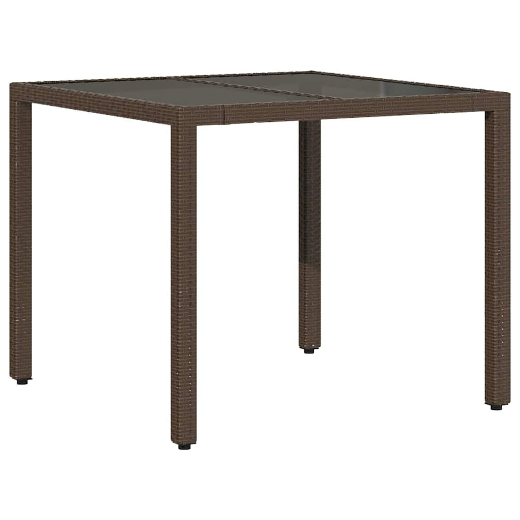 Mesa de jardín con tablero de cristal marrón, 90 x 90 x 75 cm, polirratán, polietileno, para exteriores, para terraza, muebles de jardín, marco de acero, duradera, resistente a la intemperie
