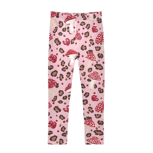 Leopard Mushroom Pink Girls Leggings Ultra Soft Compression Yoga Gym Pants for Kids 4-10T