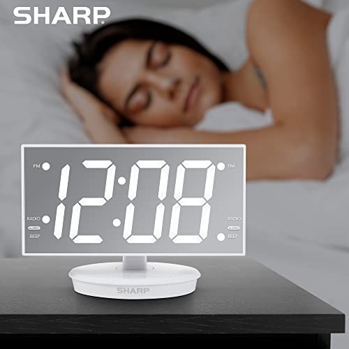 Sharp Digital Alarm Clock, 8.9" Extra Large Mirror Led Clock With Tilt And Swivel Display, Accuset Automatically Sets The Time, Dual Usb Charger Ports, Fm Radio, 3 Level Adjustable Dimmer Brightness #TOP7