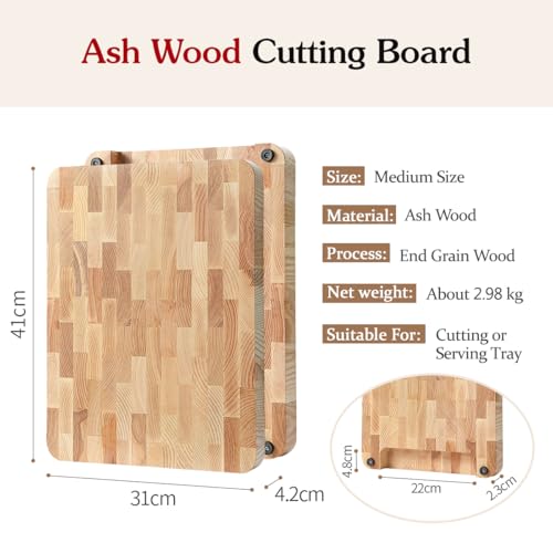 HEZHEN Ashwood Cutting Board, End Wood Grain Chopper Board, Built-in Handle, Space for Drip Tray, Multifunctional Serving Board Serving Tray - Image 2