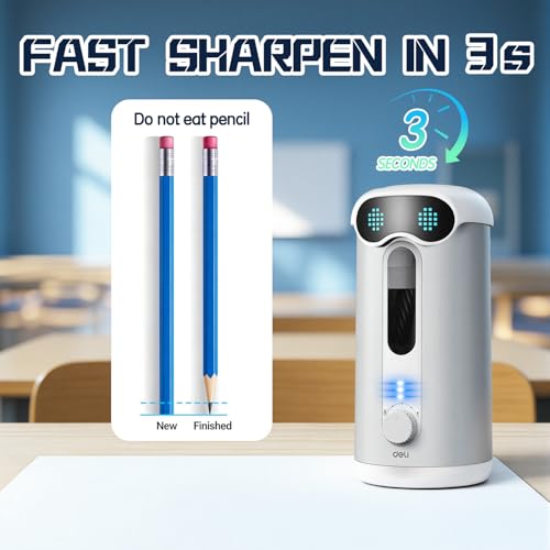 deli Electric Pencil Sharpener, Fully Automatic Pencil Sharpener for 7-11mm Colored/Jumbo Pencils, Auto in & Out, Rechargeable Hands-Free Pencil Sharpener for Classroom Home Office, Low Noise, Silver