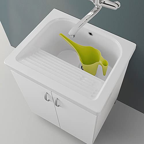 Mobile lavatoio lavanderia in legno con vasca in ceramica, con strofinatoio integrato, completo di kit sifone + piletta (Bianco, 60x50 cm 2 ante) - 6