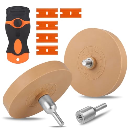 2pcs Rubber Eraser Wheel for Drill, Professional Car Sticker Remover Tool with 1 Plastic Scraper and Drill Adapters, Auto Decal Remover Wheel, Rapid Tint Removal Kit for Car Sticker Glue Vinyl Eraser