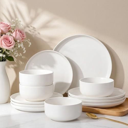 Image of LERATIO Stoneware Dinnerware Sets for 4,Handcarft Ceramic Plates and Bowls Sets,Chip and Scratch Resistant Dishes, Dishwasher & Microwave Safe, Oven safe,Reactive Glaze-White