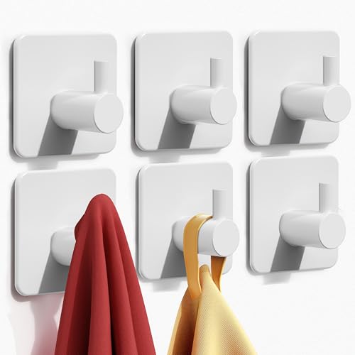 Auxmir 6 Piezas Ganchos Adhesivos para Pared, Acero Inoxidable, Colgador Toallas sin Taladro, Autoadhesivo Extrafuerte, Colgador Adhesivo para Baño Cocina Albornoz Trapos, Blanco