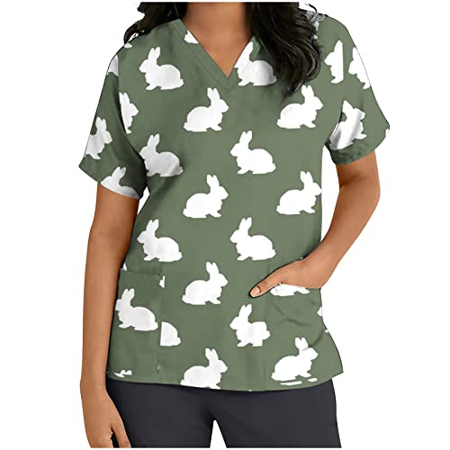 Easter Scrubs For Women Happy Bunny Egg Hunt Print Medical Scrub Tops With Pocket Dressy Cute V Neck Working Uniforms #TOP3
