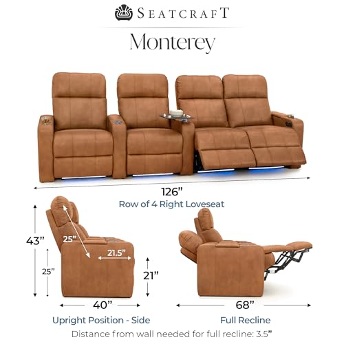 Image of Seatcraft Monterey Home Theater Seating Tawny Row of 4 Right Loveseat | Italian Leather, Wall Hugger, Zero Gravity, Powered Headrest, Power Recline, Zero Gap, USB charging