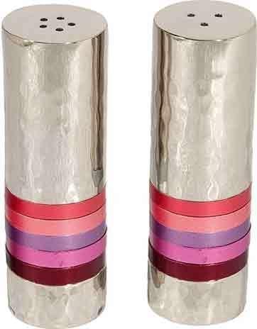 Yair Emanuel Salt and Pepper Shaker Hammered Nickel - Shades of Pink and Red Maroon Rings (SAB-3)