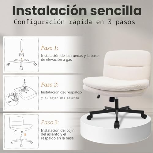 Miniatura 7 de Durrafy Silla De Oficina Ergonómica, Giratoria 360 Con Ruedas Y Freno Por Gravedad, Sin Reposabrazos, Altura Regulable, Silla Ergonómica Con Capacidad Para 136 Kg, Para Dormitorio, Salón, Beige.