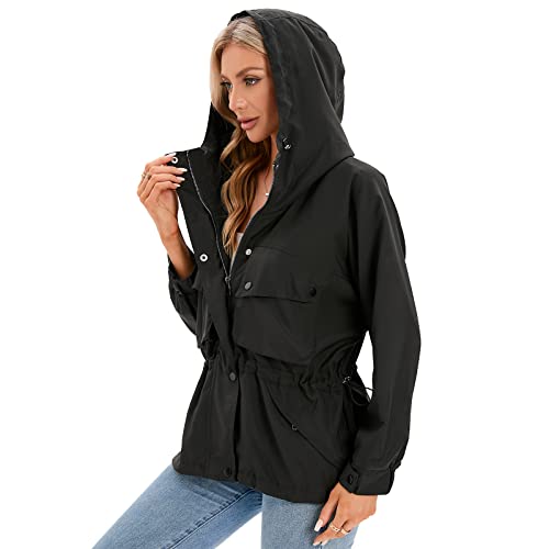 Meeuwstad Women's Casual Oversized Jacket Hooded Utility Anorak, Lightweight Batwing Sleeve Fashion Coat (L, Black) #TOP2