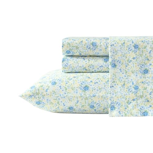 Image of Laura Ashley - Queen Sheet Set, Ultra-Soft Bed Sheets with a Naturally Silky Smooth Cotton Sateen, Deep Pockets, Floral Bedding with Matching Fitted Sheet & Pillowcases (Rownea Blue)