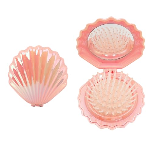 Homiladi Folding Hair Brush Shell Shaped | 1Pcs Foldable Travel & Pocket Hair Brush with Mirror | Portable Seashell Cute Mini Massage Comb and Compact Makeup Mirror for Girls Women​(Pink)