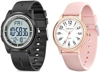 Beeasy Waterproof Watch for Men and Women, Ultra-Thin & Lightweight, Easy Read,Black and Pink