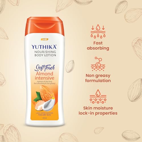 Image of Yuthika Naturals Almond Soft Touch 300ml Body Lotion for Women & Men | 72Hr Hydration | for Dry to Very Dry Skin | Enriched with Almond Oil | Non Greasy & Healthy Looking Skin