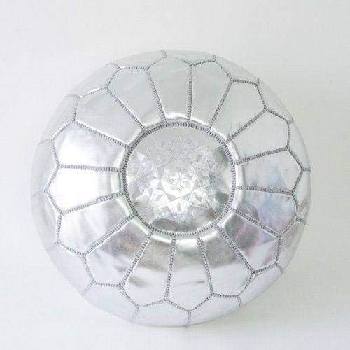 Silver Moroccan Leather Pouf Handcrafted Leather Ottoman