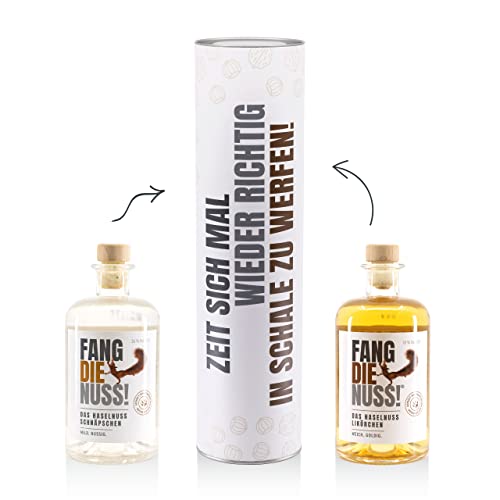 Fang die Nuss! | Geschenkset Lustige Box | Haselnusslikör 18% + Haselnuss Schnaps 36% + Hülse | 2x 500ml | Zeit sich mal wieder richtig in Schale zu werfen! Cover