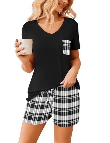 Image of Ekouaer Womens Pajama Sets Short Sleeve Pajamas for Women Sets Soft Lounge Sets Casual V Neck Sleepwear PJS