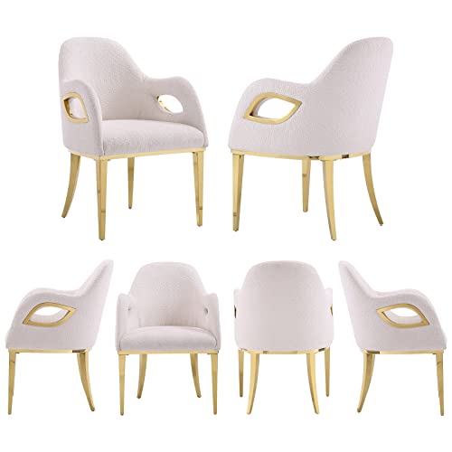 Acedécor Luxury Upholstered Dining Chairs Set Of 6, White Mohair Seat With Fox-Eye Armrest Gold Stainless Steel Legs, Home Kitchen/Dining Room Chairs #TOP16