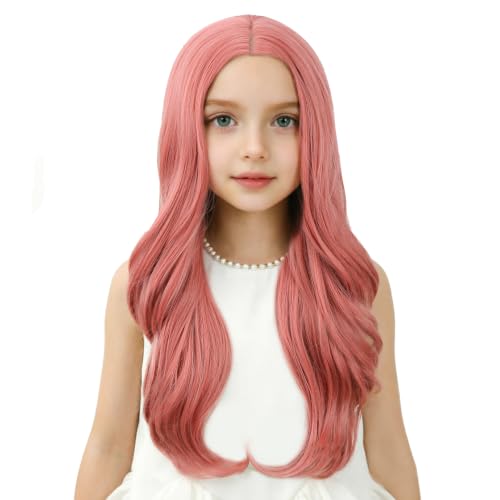 Image of Light Pink Wig Long Pink Middle Part Wig Long Wavy Curly Wigs Heat Resistant Synthetic Wigs for Daily Party Use