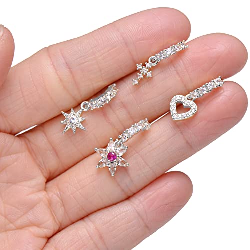 Tornito 10Pcs Dangle Nose Rings Hoop Butterfly Heart Moon Flower Star CZ Cartilage Earring Dangling Nose Body Piercing Jewelry 20G Silver Rose Gold Black Tone 6