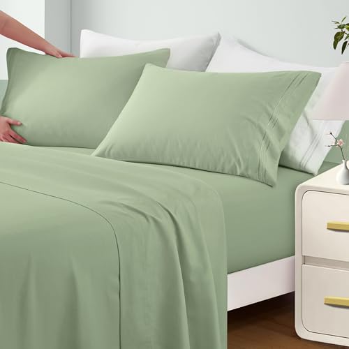 INVGEEXI Queen Sheet Set - 4 Piece Microfiber Queen Size Sage Gre...