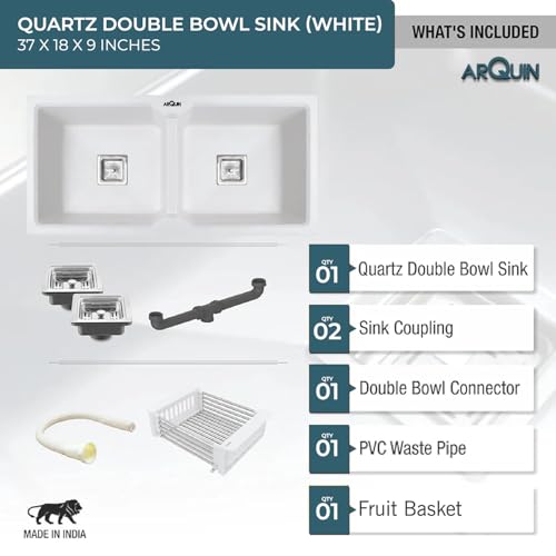 Image of ARQUIN Double Bowl Quartz Kitchen Sink 37x18x9 Inch White | Durable & Scratch-Resistant Sink | Undermount,Topmount | Including Coupling,Sink Connector,Waste Pipe & Fruit Washing Basket