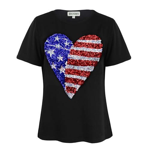 Image of PESION Womens Short Sleeve T-Shirt Sequined Tops O-Neck Funny Graphic Tees Blouse