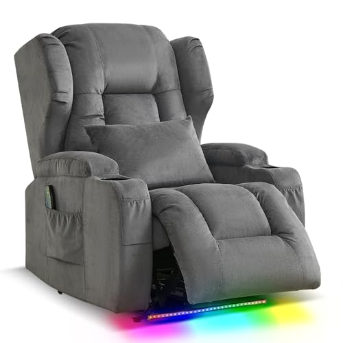 Image of Oprisen Wall Hugger Power Recliner Chair, Overstuffed Home Theater Seating w /Heat Massage Electric Movie Gaming Sofa Reclining Sleeper Chair with LED Light /Lumbar Pillow /Cup Holders