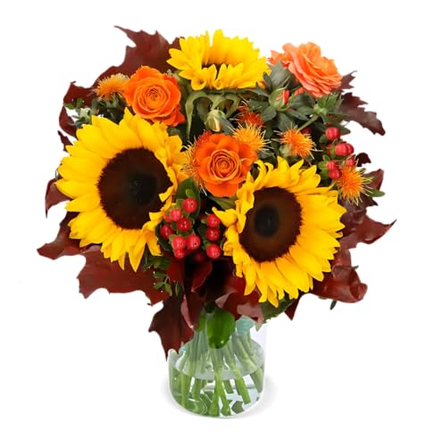 Blumenstrauß Herbstgruß | Herbstlicher Blumenstrauß | Sonnenblumen, Rosen, Carthamus | Perfekte Geschenkidee, 7-Tage-Frischegarantie, Qualität vom Floristen