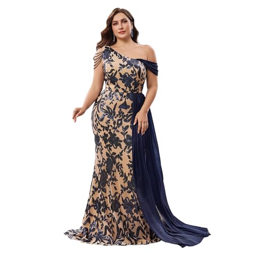BluePlum Plus Size Maxi Formal Dresses for Women Sequin & Beaded One-Shoulder Wedding Guest Dresses Embroidery & Flowing Tail Sleeveless Mermaid Evening Gown for Cocktail Party Prom, Navy Blue, 1XL